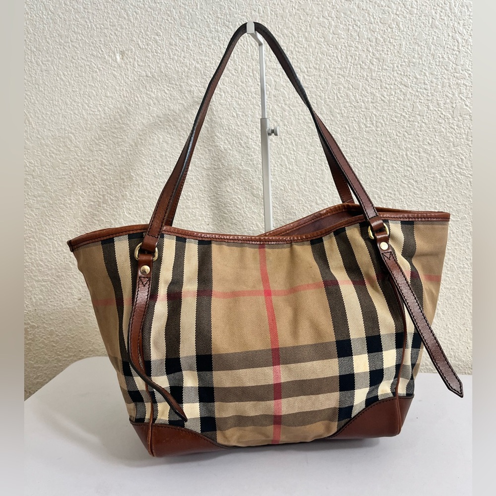 Burberry Tan Check Canvas Tote with Brown Leather Trim - Picture 2 of 16
